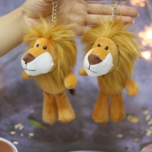 Cute golden brown lion plush keychain set with metal ring for bags and accessories