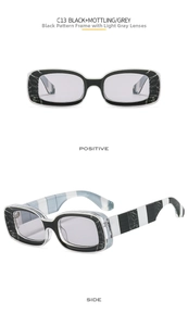 Front and side views of thick square sunglasses with black and white marble pattern C13