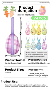 Detailed view of 24-piece Easter egg hanging set featuring colorful patterns and ribbons