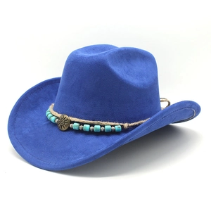 Detail of blue faux suede cowboy hat with braided rope, turquoise beads and vintage buckle