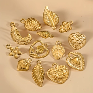 Golden vintage stainless steel strawberry heart and leaf charms for DIY necklaces