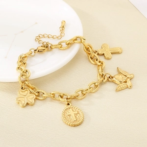 18K gold plated chunky chain bracelet with cross, clover and angel heart pendants