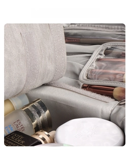 Detail of grey PU vanity bag featuring adjustable Velcro dividers for makeup storage