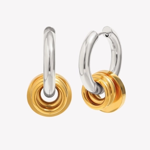 Boucles d'oreilles géométriques à trois couches en acier inoxydable bicolore plaqué or 18K