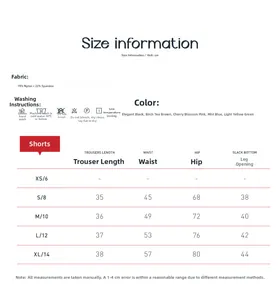 Guide des tailles pour shorts de yoga taille haute avec mesures et spécifications