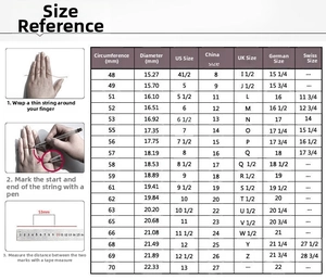 Size guide with measurement steps and international ring size conversion chart for rings