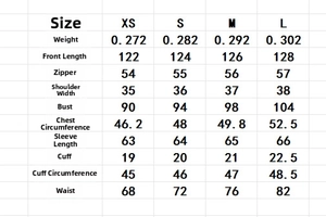 Size chart for French pleated chiffon dress with dimensions in XS to L measurements