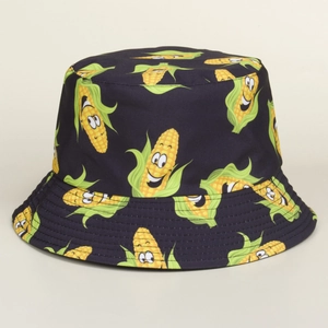 Black sun hat with cute cartoon corn print for outdoor casual wear and UV protection