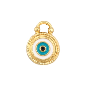 Detailed view of a gold-plated zircon Evil Eye pendant with blue and white enamel inlay