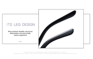 Detail of durable black plastic temples for flower shaped sunglasses with leg design text