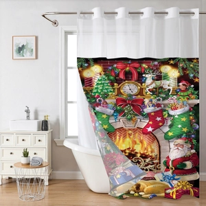 Detail of Christmas advent calendar shower curtain featuring festive fireplace and reindeer