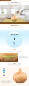 Detailed view of 400ml wood grain diffuser with scale marks and LED light control