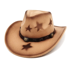 Brown Western cowboy hat with star spray print and studded leather band on white background