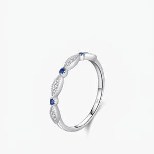925 Sterling Silver Ring For Women Simple Small Design Stackable Blue White Rhinestone Inlaid Geometric Finger Ring Jewelry Gift
