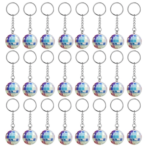 Set of 24 pieces silver mirror disco ball keychains with metallic chains on white background