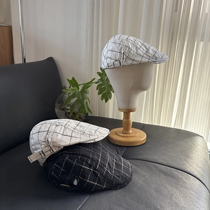 Men Plaid Flat Cap Linen Cotton Blend Breathable Retro Adjustable Ivy Cap Newsboy Hat Casual Fashion