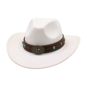 White wool felt western cowboy hat with brown leather band and turquoise star accent