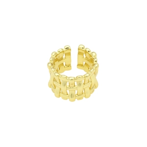 Macro detail of golden woven texture ring with 18k plating and adjustable opening
