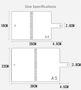 Detailed size guide showing A5 and A6 dimensions for the laser transparent binder notebook