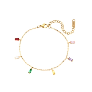 Detailed macro of gold bracelet with colorful rectangular cubic zirconia and K18 stamp