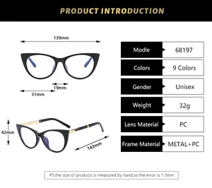 Detailed size measurement chart for stylish cat-eye glasses frame with 139mm total width