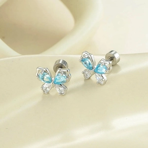 Silver butterfly cartilage piercing stud with blue and clear zircon stones in a main view