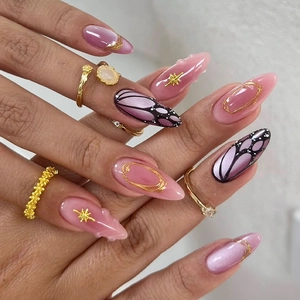 3D Press On Nails Cat Eye Pink Artificial Pearl Gilded French Butterfly Star Almond Handmade Fake Nails