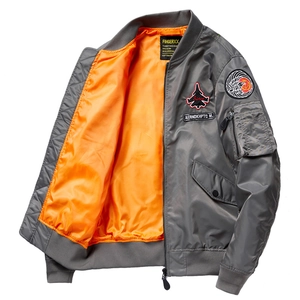Men's dark gray MA-1 bomber jacket with orange lining and embroidered flight patch