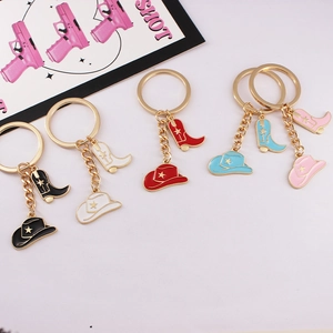 Western cowboy style keychain set with colorful alloy hats and boots on gold rings