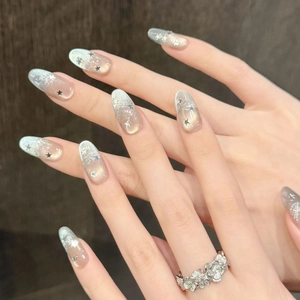 Handmade Press On Nails Silver Cat Eye Star Sequins Long Almond Shape Glitter Gradient Shimmering Elegant Manicure