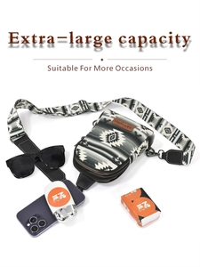 Macro view of Aztec canvas crossbody bag showcasing its large capacity for daily items