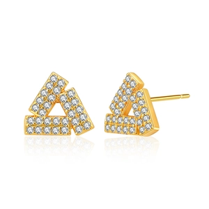Geometric triangle pavé zircon stud earrings in gold finish with mirrored reflection