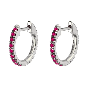 Silver 14K gold plated hoop earrings with red zircon stones on a white background