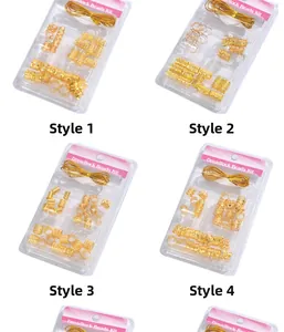 Detailed views of four styles of golden dreadlock beads and hair braid jewelry kits
