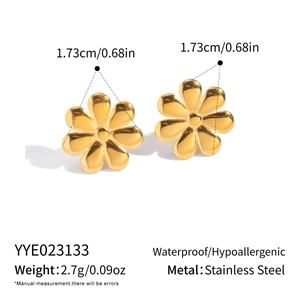 Detail showing 1.73cm stainless steel flower earrings with weight and size specifications
