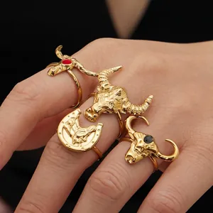 Anello Testa Di Toro E Cavallo Acciaio Inossidabile Placcato Oro 18K Stile Cowboy Occidentale Retro Punk Regolabile