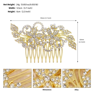 Detailed view of bridal hair comb with rhinestone floral motifs and alloy leaf patterns
