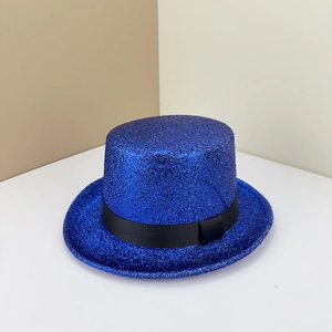 Haut-de-forme pailleté bleu roi avec ruban satin noir pour fêtes et spectacles