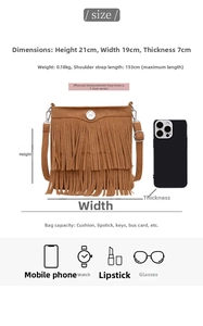 Detailed size and capacity view of retro tassel crossbody bag for daily essentials