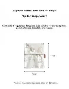 Detail view of 12x14cm floral sanitary pouch with snap closure and cute rabbit pattern
