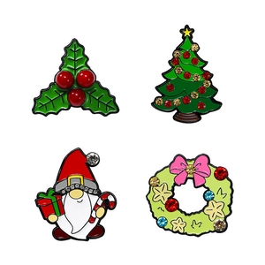 Set of four festive Christmas enamel pins featuring Santa gnome, tree, and holly berry
