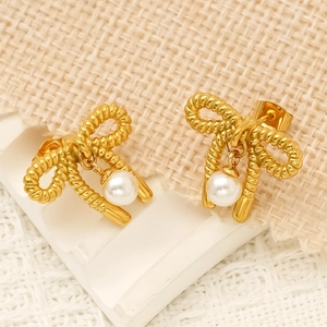 Boucles D'oreilles Puces Nœud Künstliche Perle Acier Inoxydable 304 Plaqué Or 18K Imperméable Hypoallergénique Élégant Bijoux Vintage Femmes