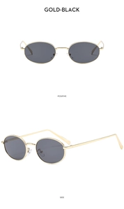 Front and side views of vintage oval sunglasses with gold metal frames and black lenses