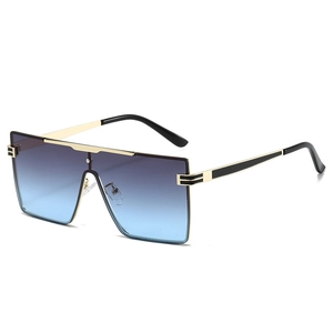 Fashionable gold metal square sunglasses with blue-purple gradient lenses and oversized frame