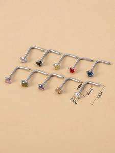 Lot de 10 piercings de nez en L avec zircons colorés et mesures de taille détaillées