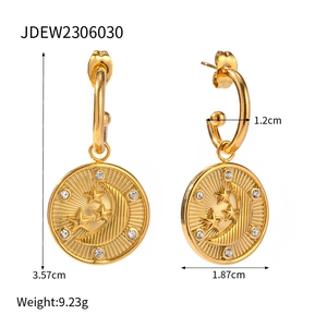 18K gold plated vintage round earrings with moon star relief and crystal insets