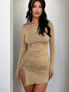 Slim fit long sleeve khaki drawstring mini dress with side ruching and round neck design