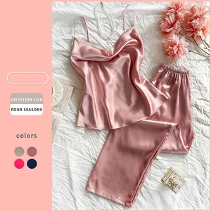 Women Cami Top And Long Pants Pajamas Imitation Satin Satin Sleepwear Sexy V Neck Solid Color Loungewear Soft