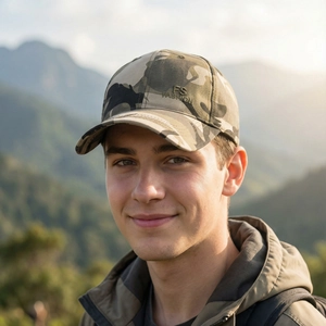 Casquette de baseball camouflage pour homme avec broderie FS FASHION portée par un mannequin