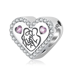 S925 sterling silver heart charm with pink stones and family engraving for bracelets